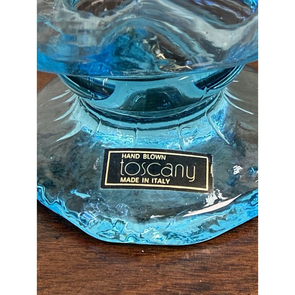 Vintage Toscany Italy Hand Blown Aqua Blue Art Glass Footed Bowl Compote 6" - Picture 8 of 10